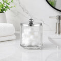 Clear Transparent Apothecary Octagional Shaped Glass Canister Jar With Silver/Chrome Metal Lid Cover for Bathroom Organization, Cotton Balls, Q Tips, and Small Accessories, Bath Storage