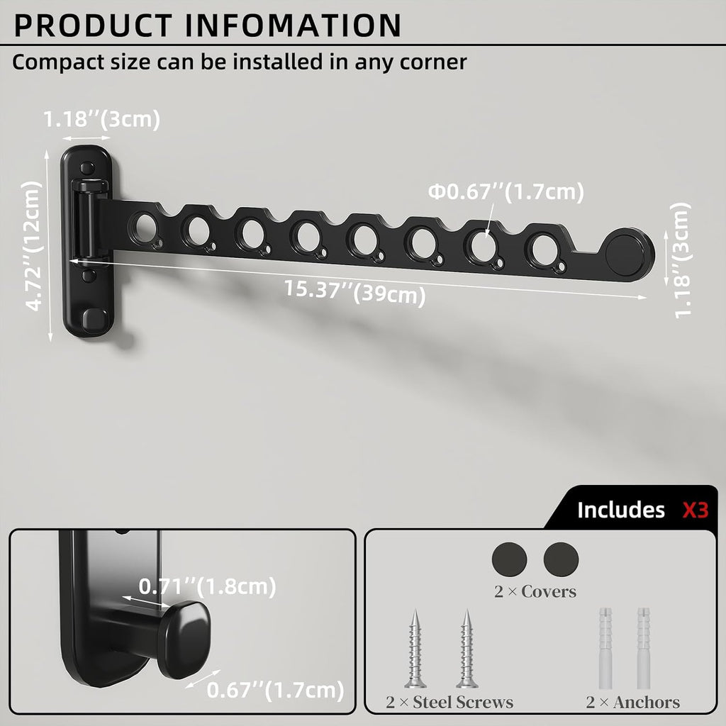 Wall Mounted Clothes Hanger Rack Foldable for Laundry Drying Rack Black