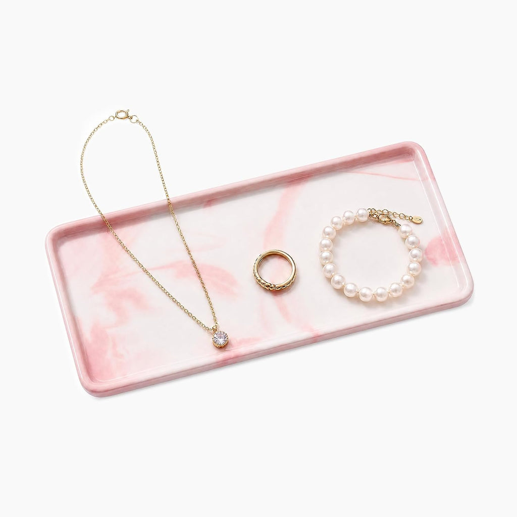 8″ x 3.7″ Ceramic Vanity Tray, Decorative Rectangular Organizer for Bathroom Countertop, Dresser Top, Kitchen & Bathtub, for Soap, Perfume, Candle, Jewelry & Cosmetics (Marble-Pink)