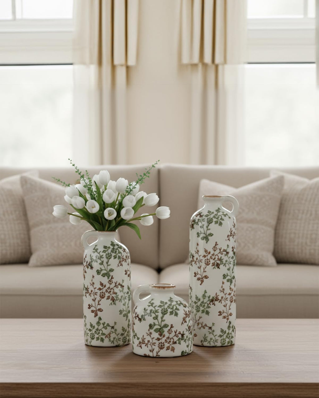 Green Floral Vase Set of 3 with Handles, Vintage Ceramic Jugs for Decor