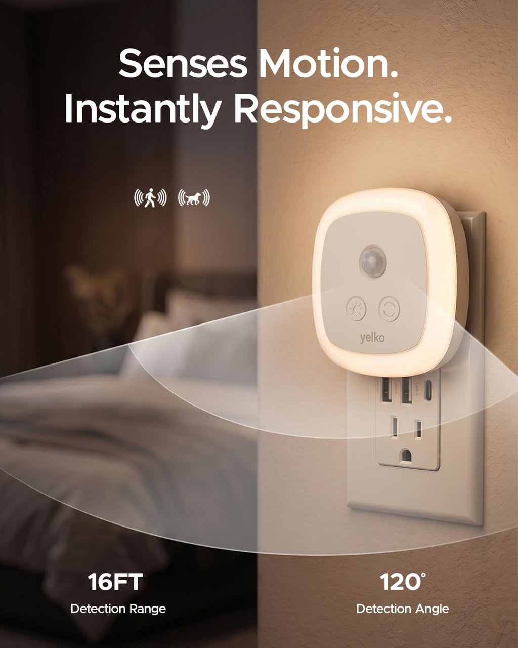 YELKO LED Nightlights Plug into Wall, Motion & Dust to Dawn Sensor, 2-Pack