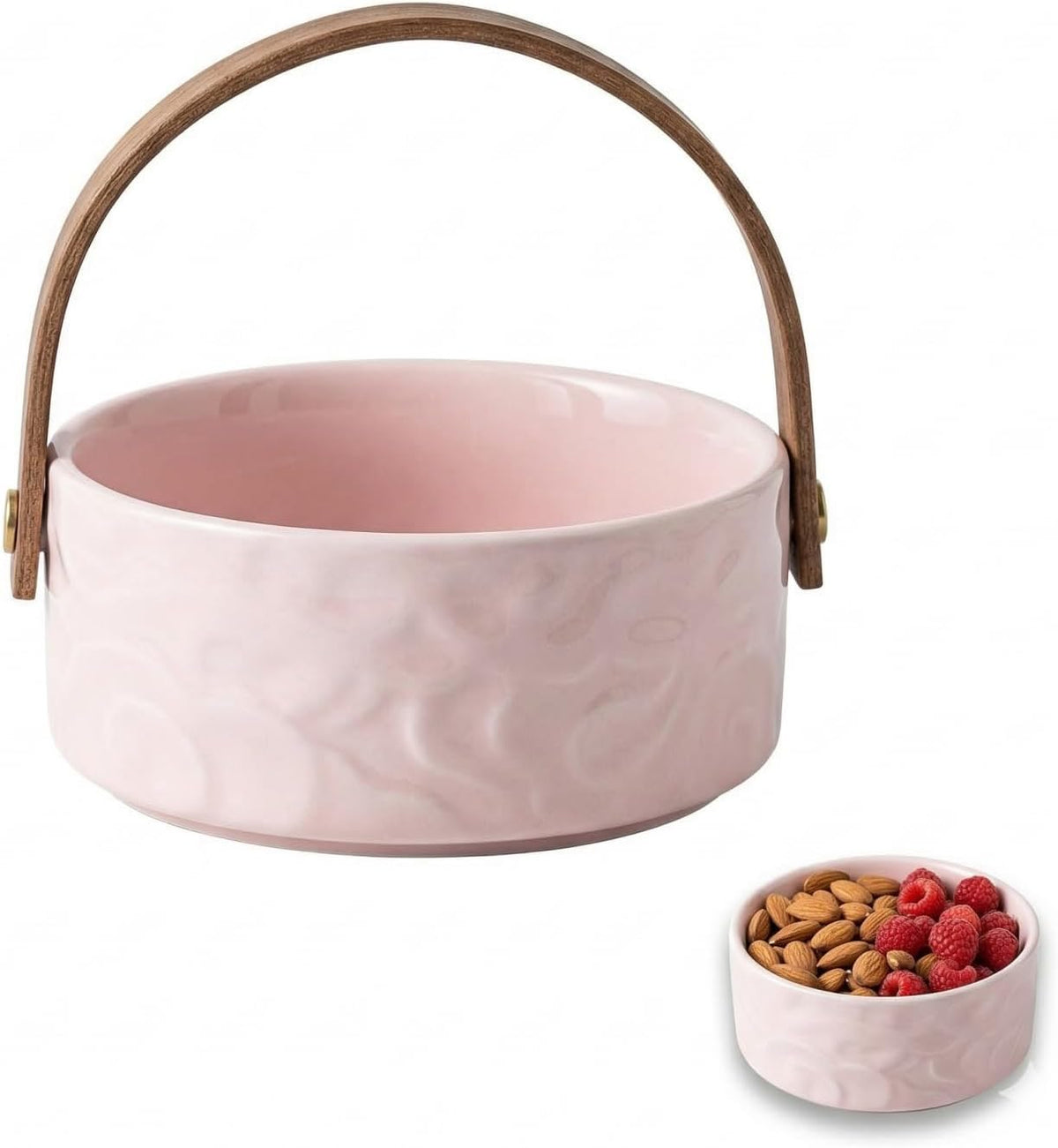 4.7 Inch Ceramic Berry Basket - Cloud Pattern Ceramic Fruit Bowl, Ceramic Snack Bowl With Wooden Handle - Pink Ceramic