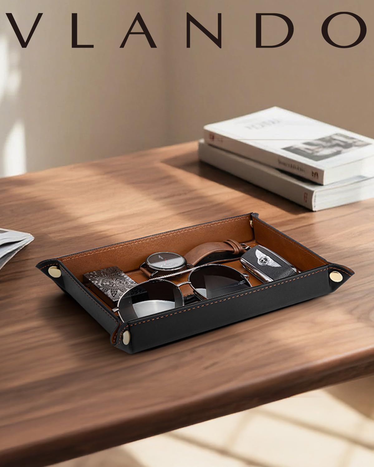 VLANDO Travel Valet Tray for Women, Foldable PU Leather, Light Brown