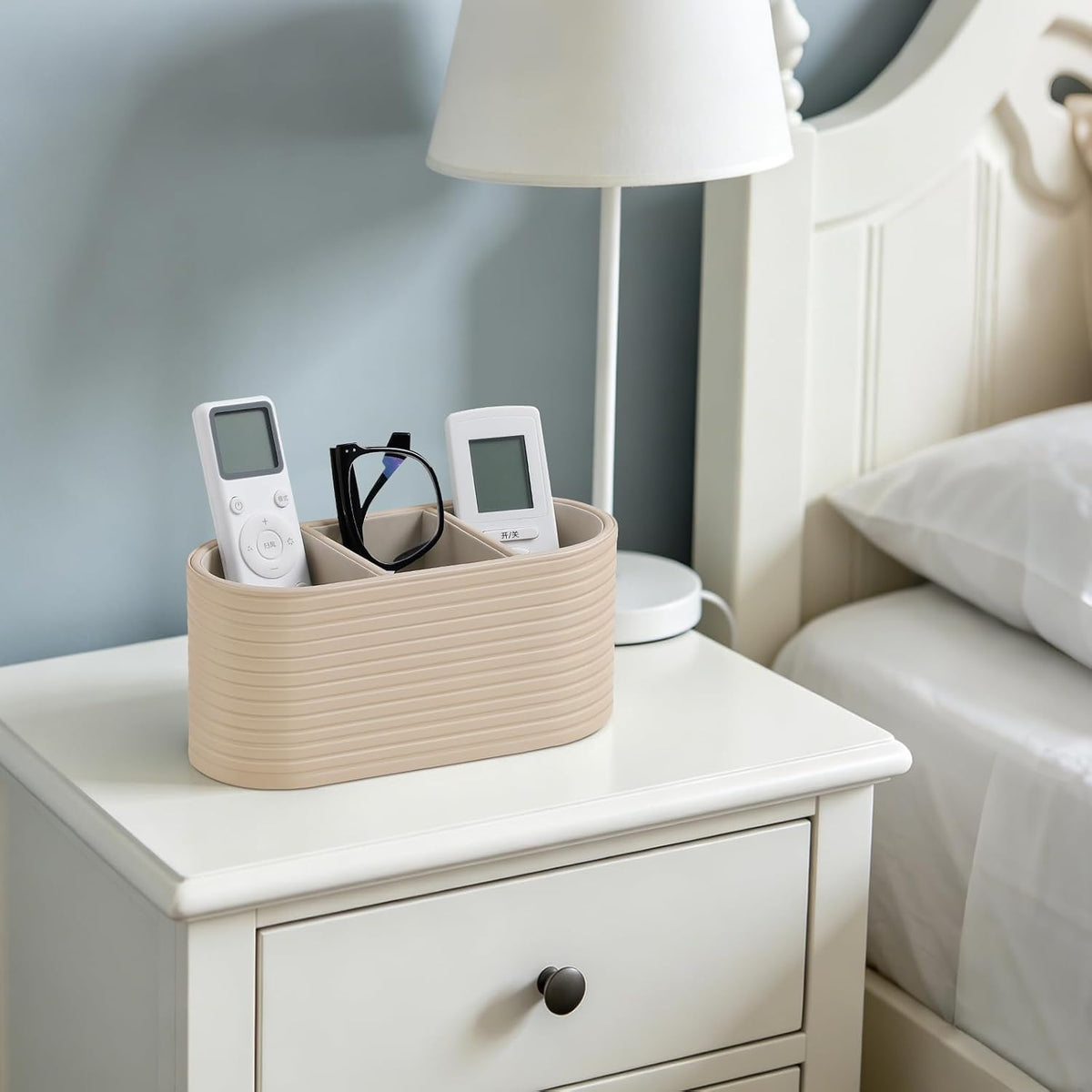 Oval Pen Holder for Desk, Remote Control Holder (Beige)