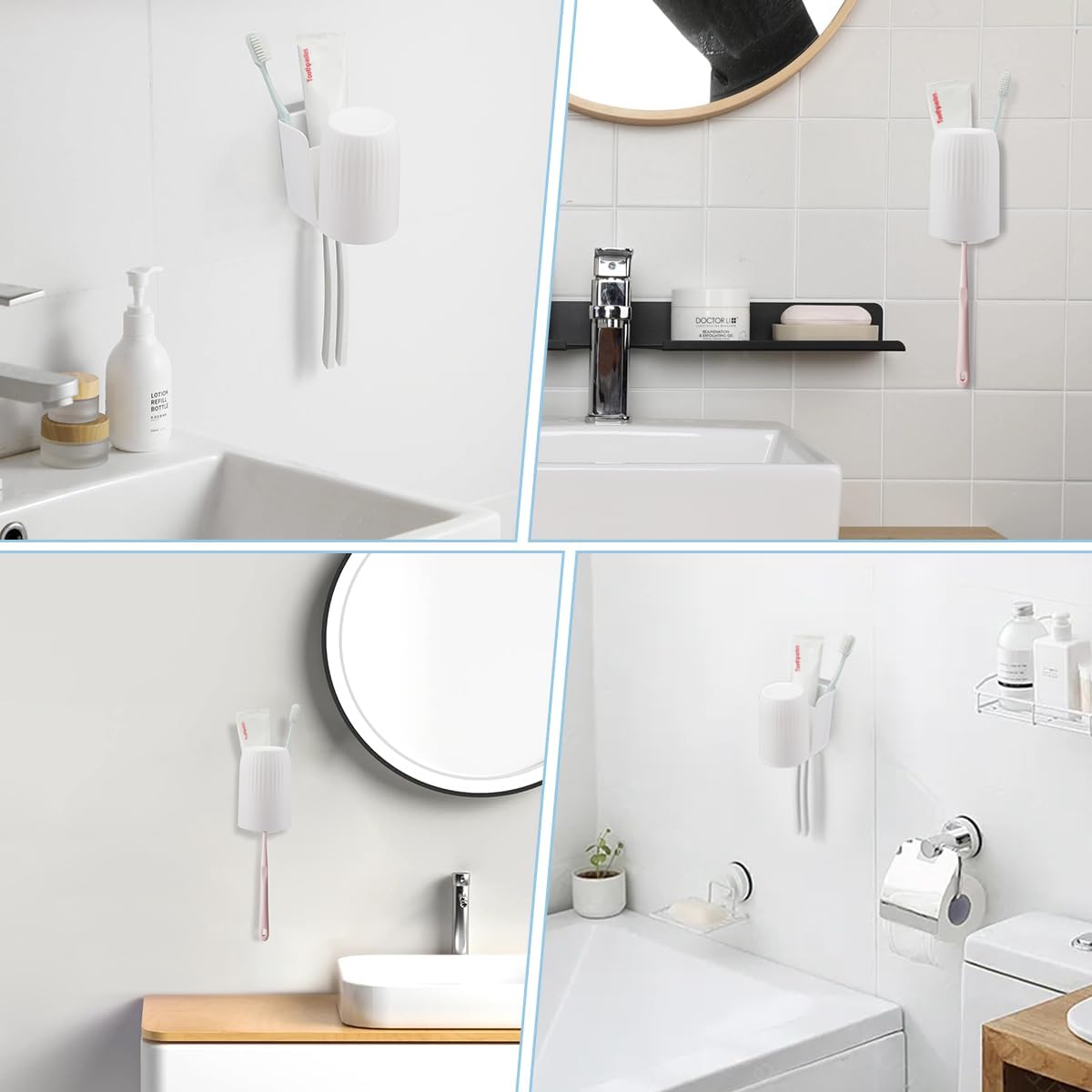 Toothbrush Holders for Bathrooms Toothbrush Holders Wall Mounted BPA-Free Tooth Brush Holder with Toothbrush Cup Drilling-Free (White)
