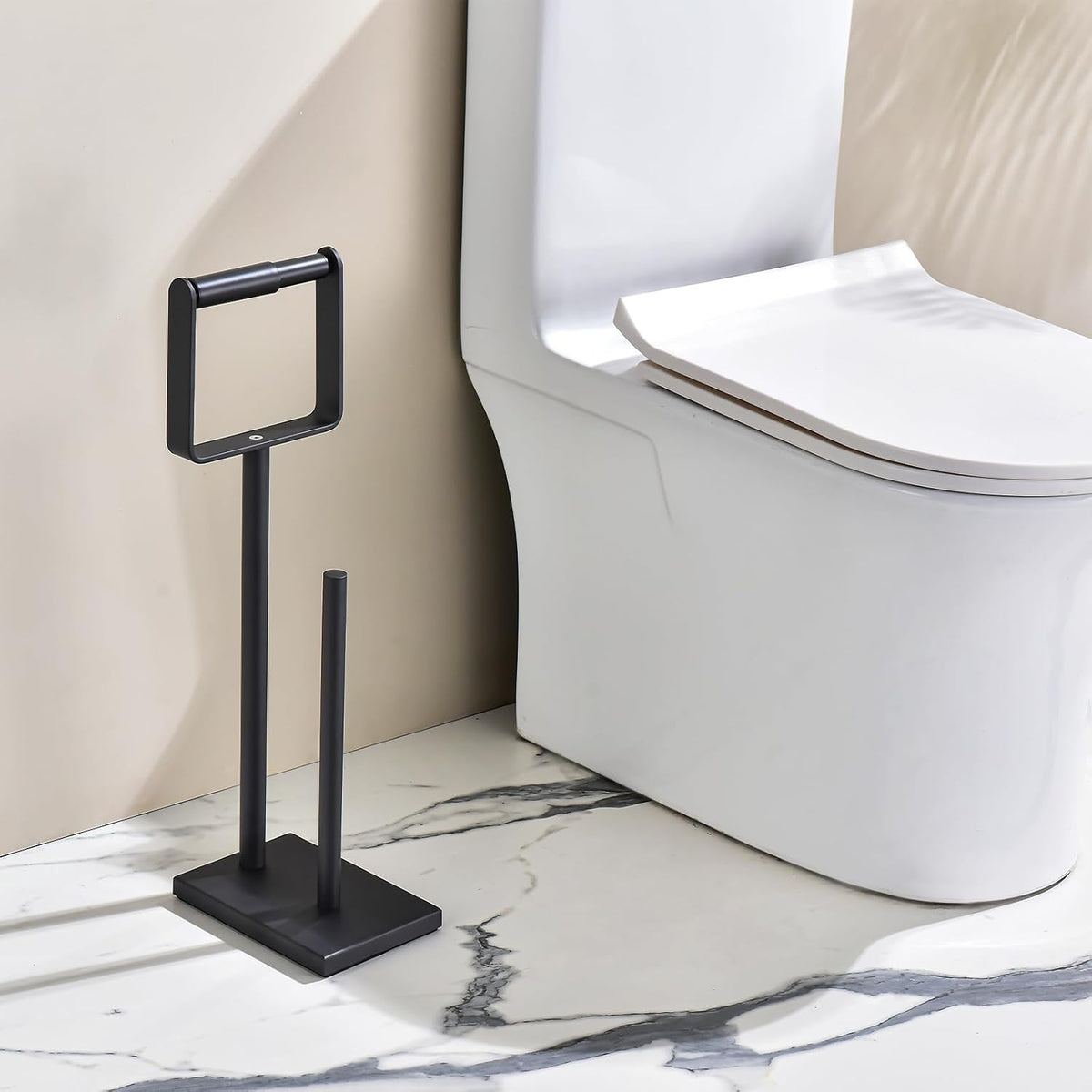 Hoooh Free Standing Toilet Paper Stand with Reserve Storage, Matte Black