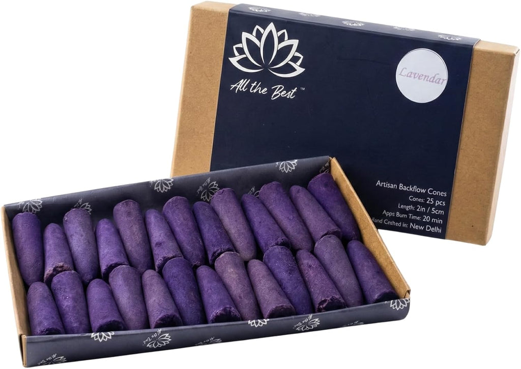 All the Best Premium Backflow Incense Cones Gift Box - 25 Large Waterfall Cones for Backflow Burner, 2 Inch Hand-Rolled, 30+ Min Burn, Meditation, Aromatherapy, Yoga & Reiki (Lavender)