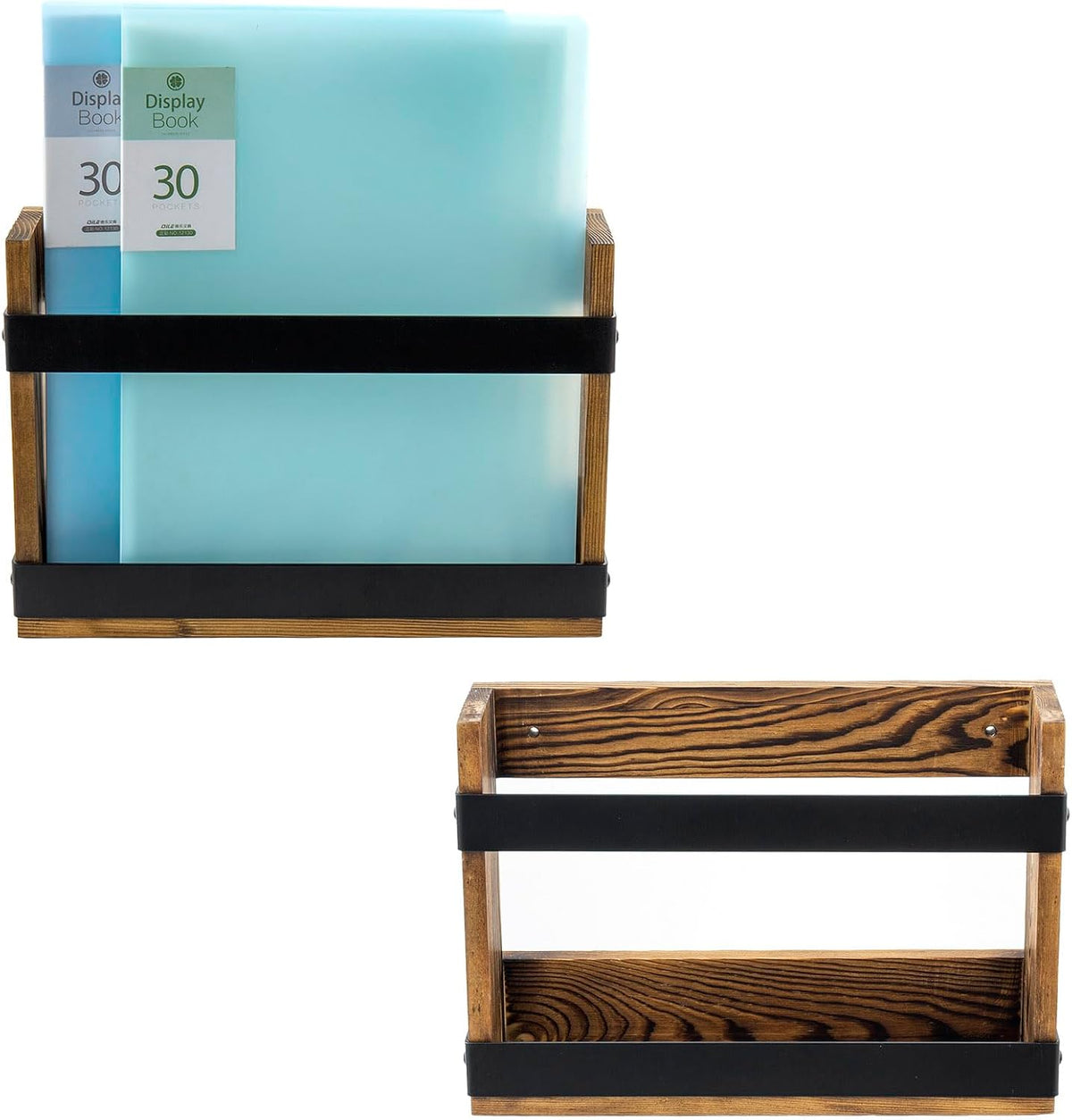 MyGift Wall-Mount Magazine Racks, Burnt Wood & Black Metal, Set of 2