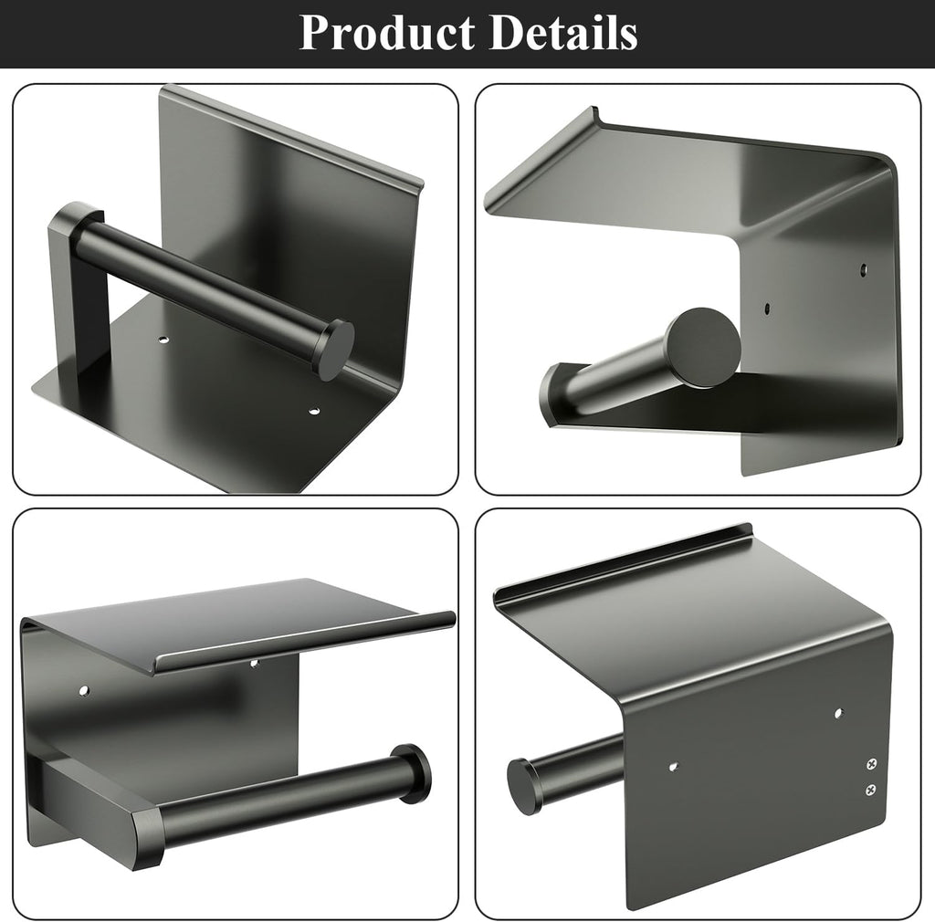 Tindbea Toilet Paper Holder with Phone Shelf + Towel Robe Hooks, Adhesive or Screw Wall Mounted Toilet Paper Roll Storage, Stainless Steel Bathroom Tissue Roll Holder (Polished Grey)