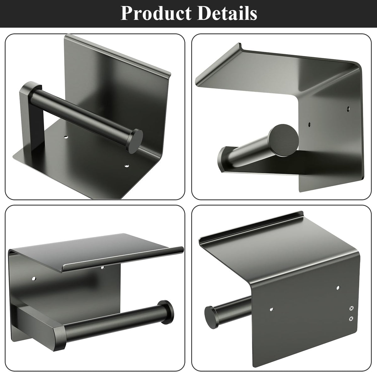 Tindbea Toilet Paper Holder with Phone Shelf + Towel Robe Hooks, Adhesive or Screw Wall Mounted Toilet Paper Roll Storage, Stainless Steel Bathroom Tissue Roll Holder (Polished Grey)