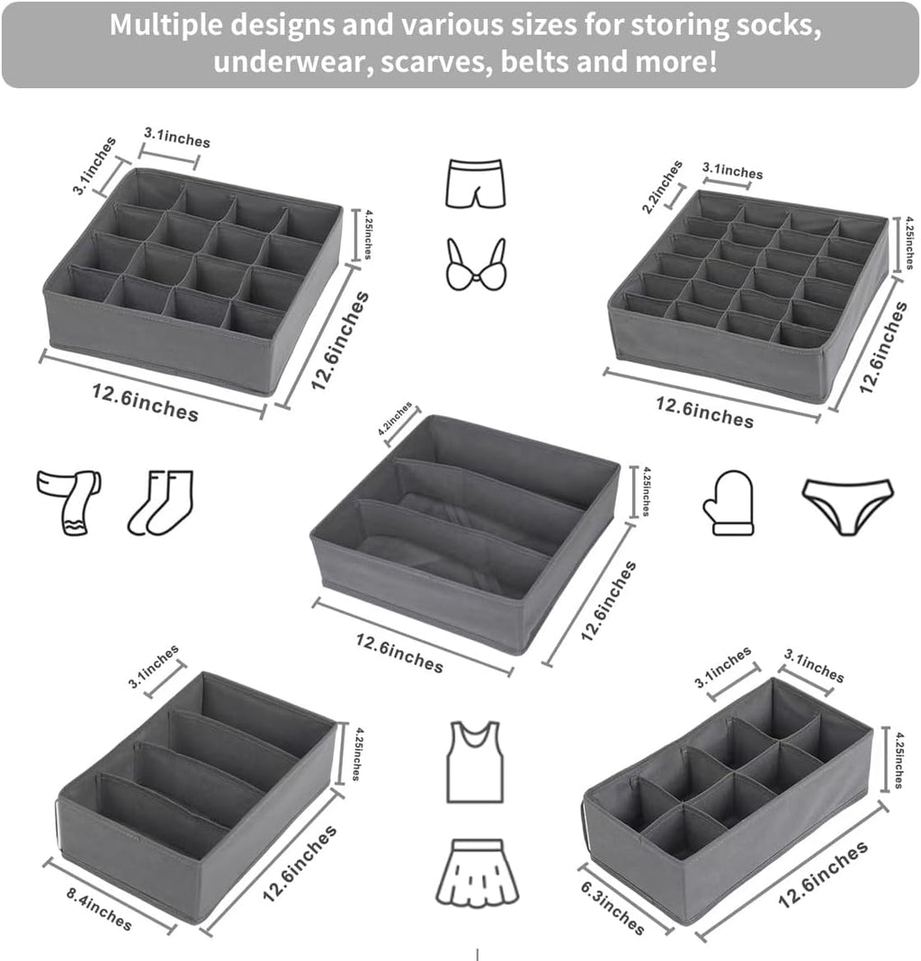 Lourome Underwear Drawer Organizer, 5-Pack, for Socks, Bras, Tie, Grey