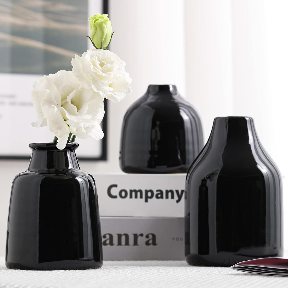 hjn Black Small Vase Set of 3 for Modern Home Decor,Ceramic Vases for Centerpieces Flower Vases for Living Room Wedding/Dinner Table/Party-Black