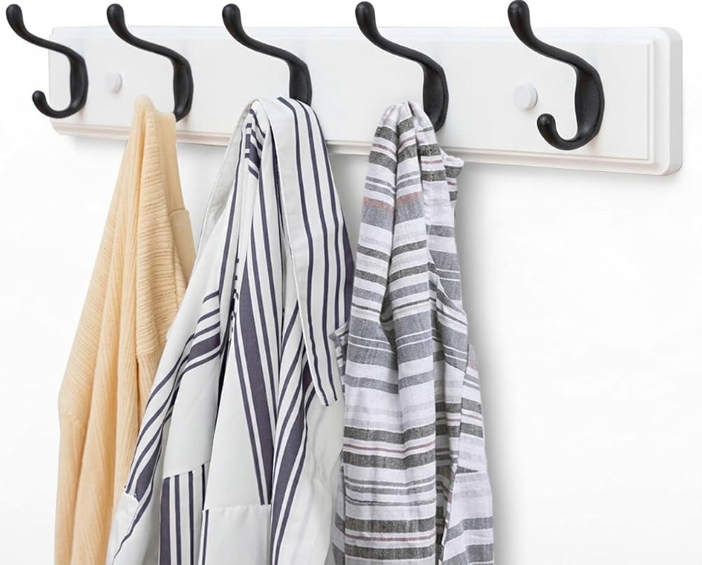 Heavy Duty Wooden Coat Rack, Wall-Mounted, Black Hook White Board, 24 Inch