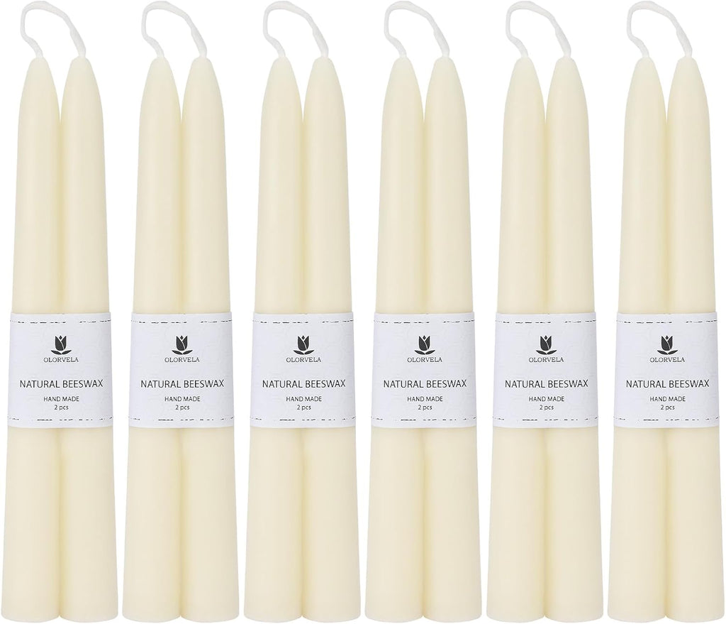 White Beeswax Taper Candles,8" Long Candlestick,smokeless dripless unscented Natural Beeswax Candles.for Gift,Mother's Day (White, 12 Pack)