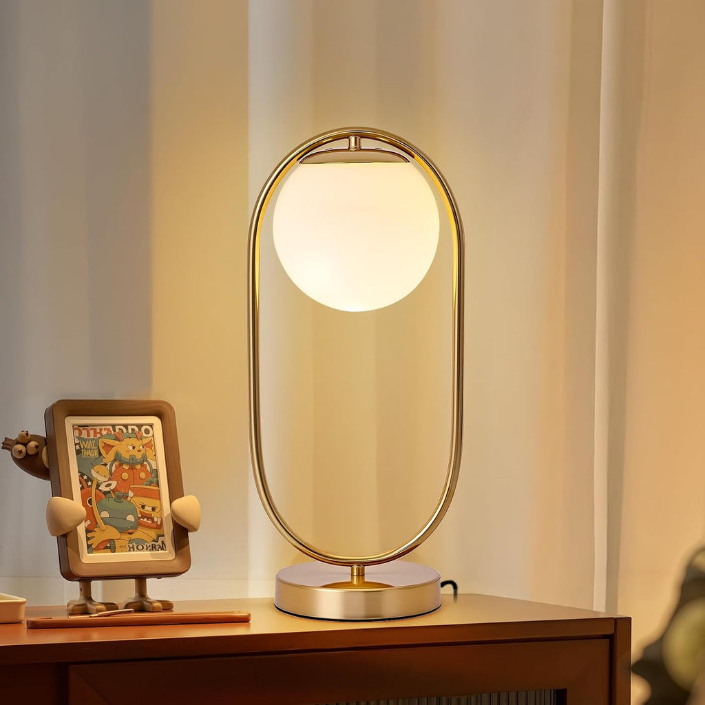 NKU Mid Century Modern Table Lamp, Boho Vintage Glass Globe Lamp with LED Bulb, Bedside Nightstand Light for Bedroom Farmhouse Office Desk