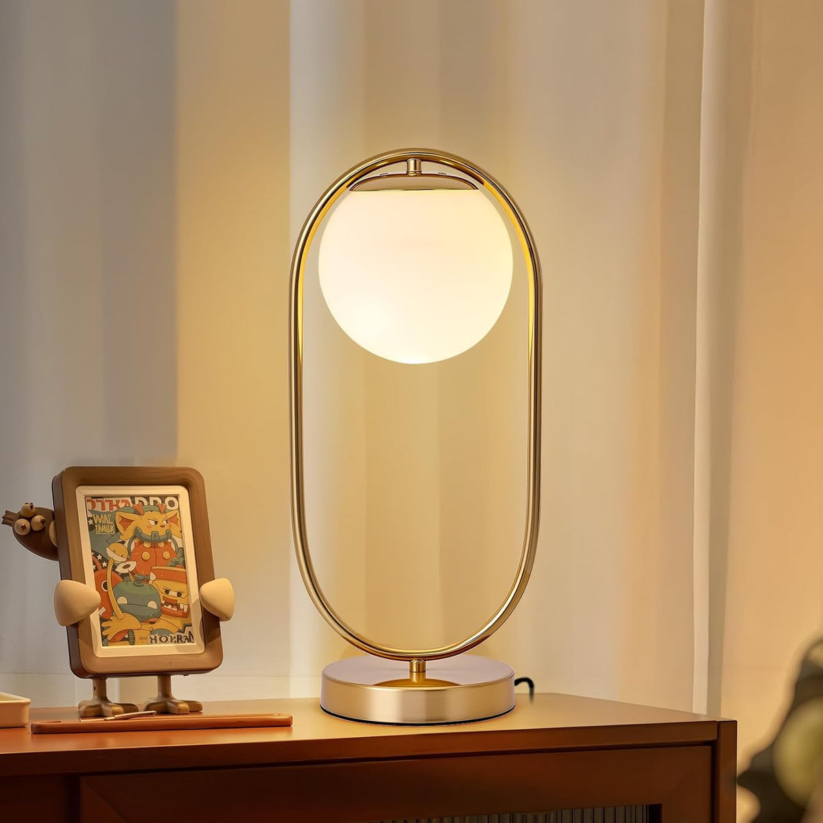 NKU Mid Century Modern Table Lamp, Boho Vintage Glass Globe Lamp with LED Bulb, Bedside Nightstand Light for Bedroom Farmhouse Office Desk
