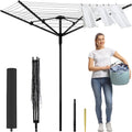 Outdoor Umbrella Drying Rack, 4-Aluminum Arms Folding Rotary Dryer with 12 Lines 165 ft Drying Space Adjustable Height Clothesline w/Waterproof Cover & Ground Spike for Garden Backyard(Black)