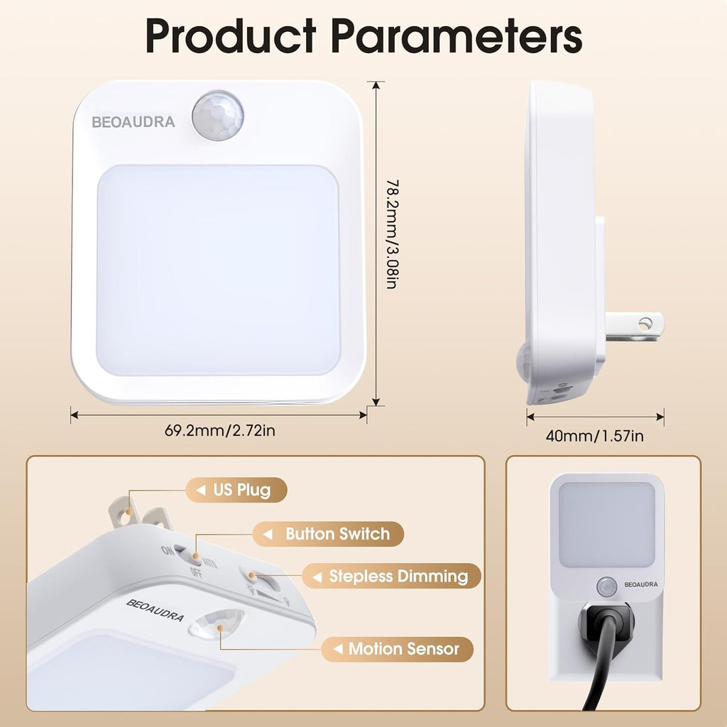 Motion Sensor Night Light Plug in - 5 Level Dimmable Warm White LED, Ultra Slim Auto Shut-Off Nightlight for Bedroom Bathroom Hallway, 0.5W, 2 Pack