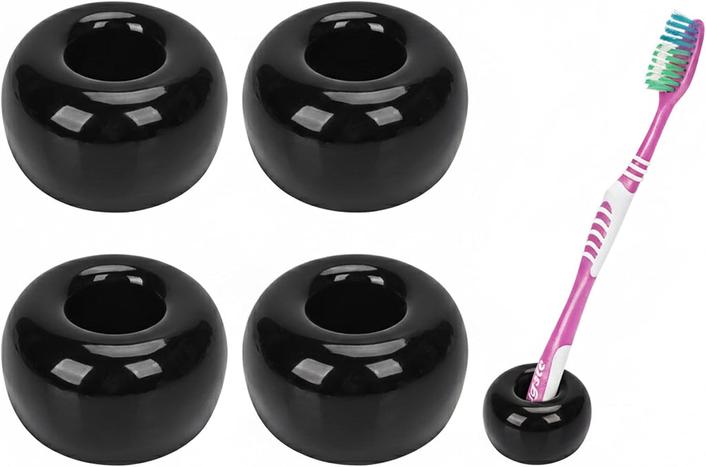 4 Pack Mini Ceramic Toothbrush Holders, Single Toothbrush Holder for Shower, Cute Toothbrush Stand for Bathroom, Medicine Cabinet, Dorm (Black)