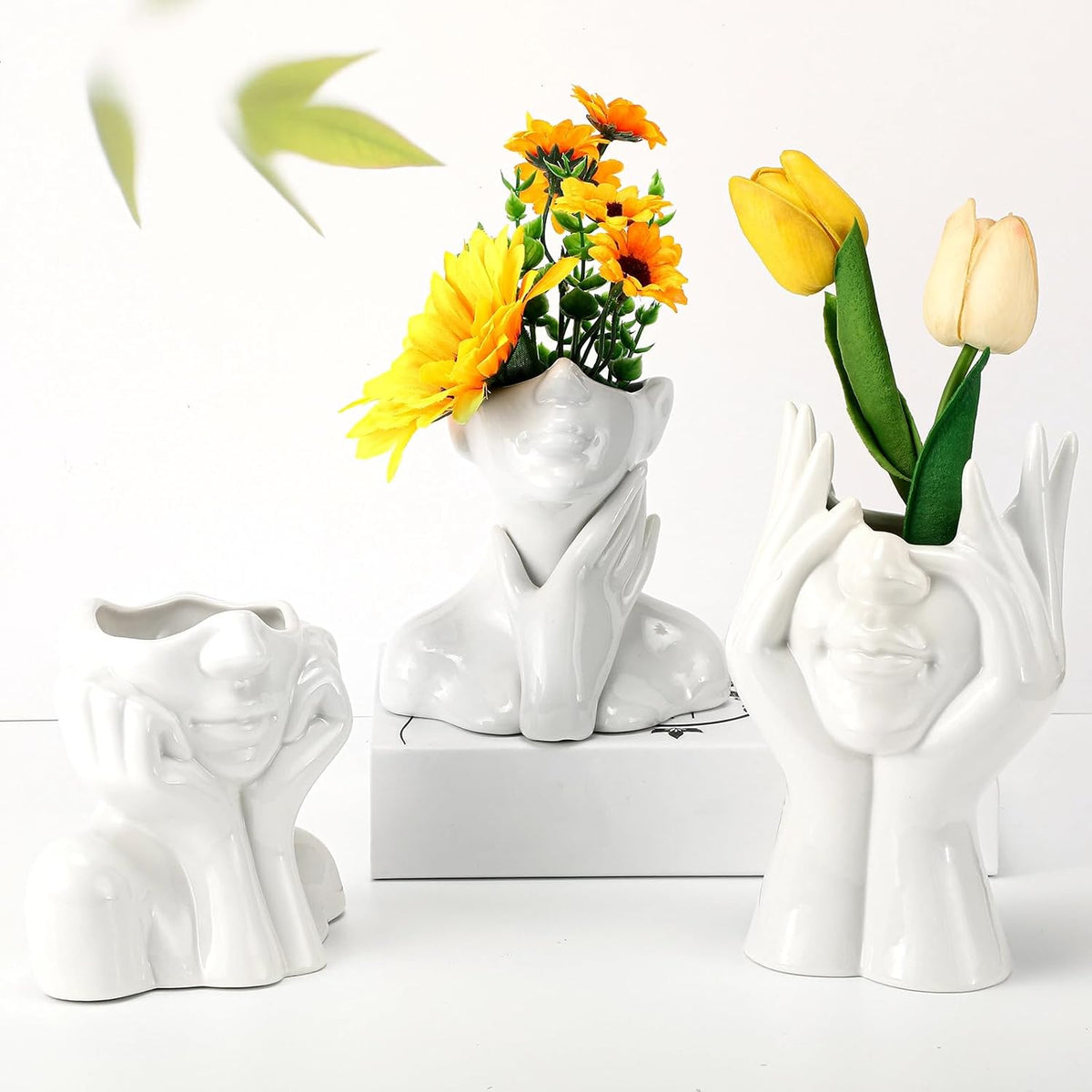 Sieral 3 Pcs Ceramic Face Vase Female Form Body Flower Vase, Small, White