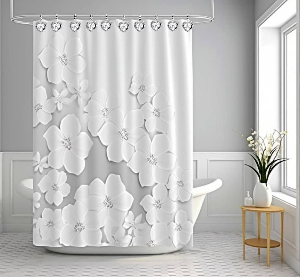 Diamond Shower Curtain Hooks, 12-Pack Heart Shaped Crystal Shower Rings, Decorative Bathroom Hangers for Valentine's Day, Bling Clear Fancy
