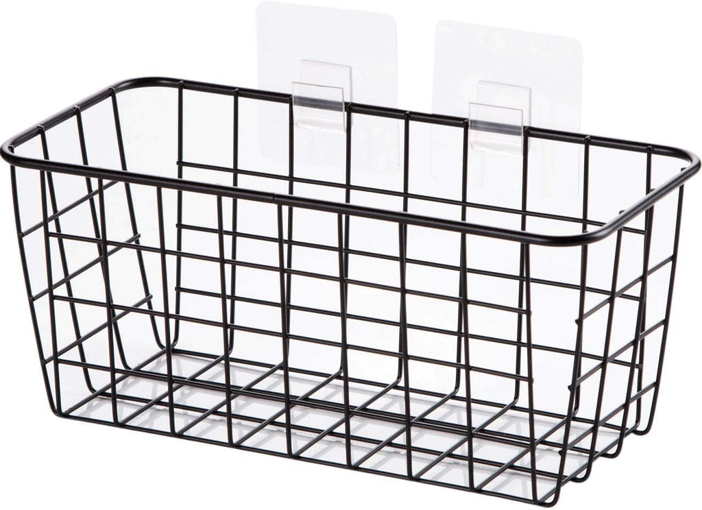 Lele No Drilling Wall Hanging Mounted Metal Wire Baskets with Free Wall Hooks, Kitchen Organization and Storage, Hanging Fruit, Set of 2 Black
