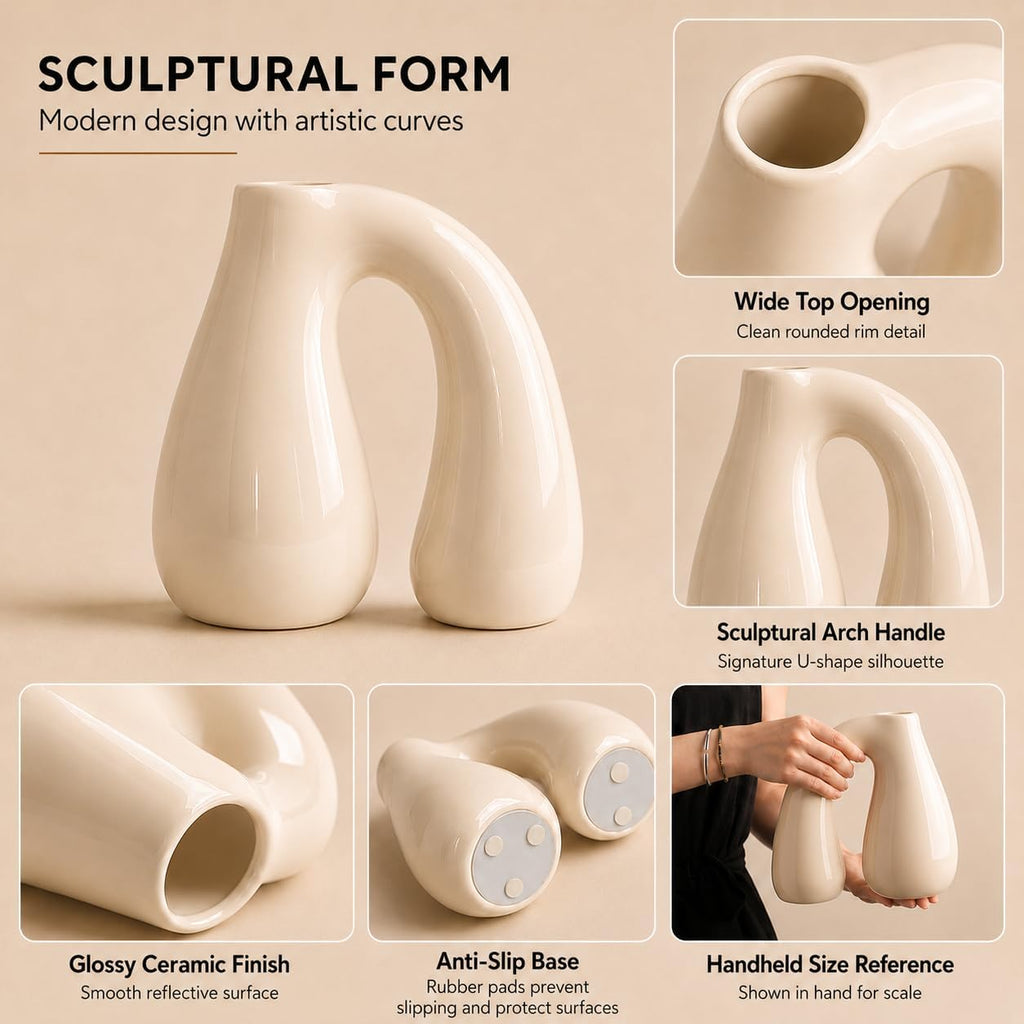 Cream White Ceramic Vase for Pampas, Boho Shelf & Table Decor