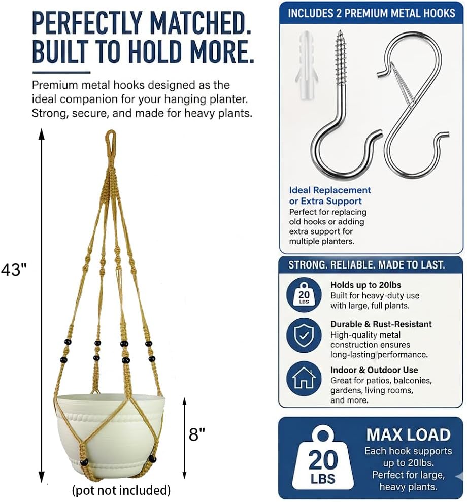 Bouqlife 43 Inches Macrame Plant Hanger Large for 14 inch Pot Extra Long No Tassel Rope Hanging Plant Holder with Ceiling Hook Bohemian Home Décor Brown 2Pack