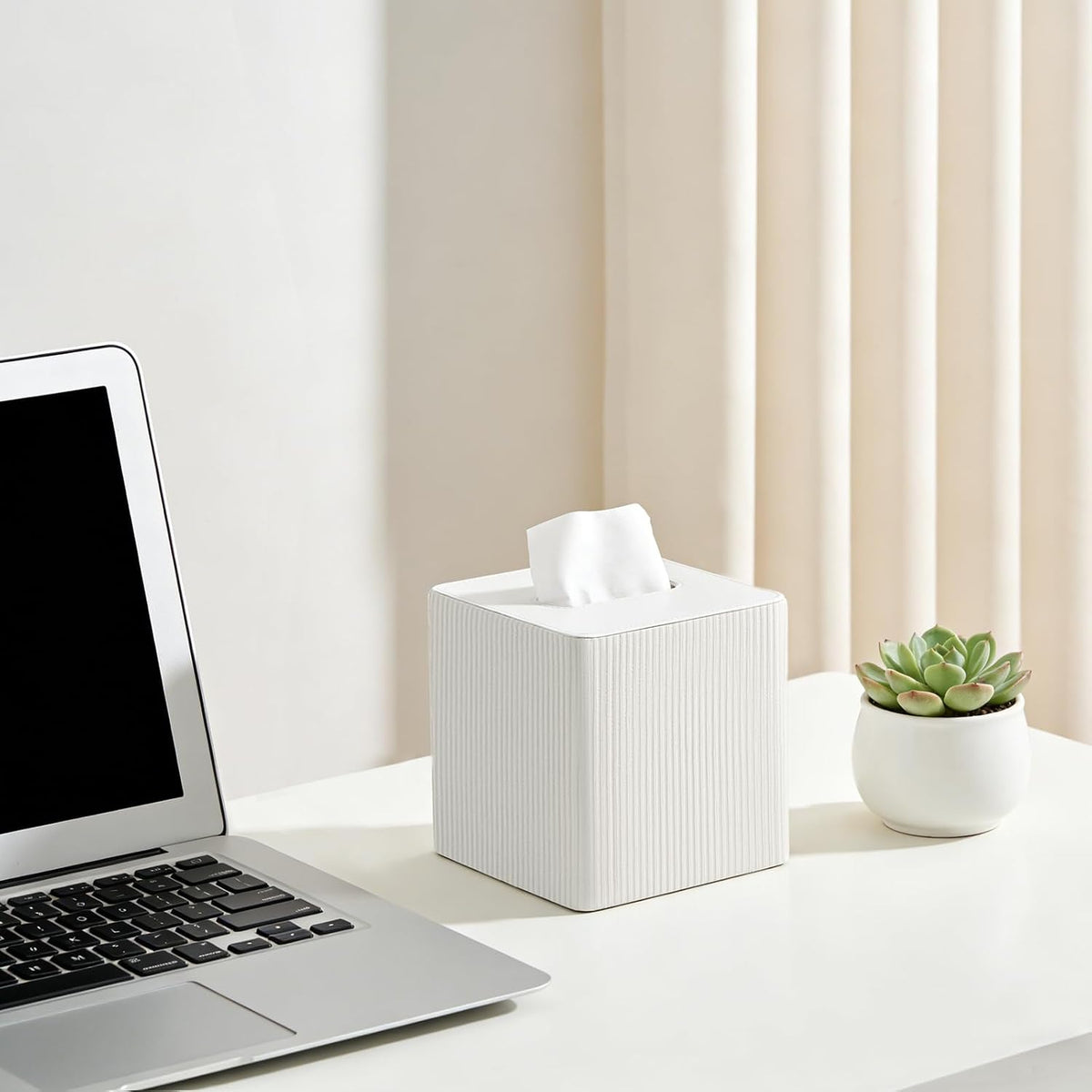 Mkono Tissue Box Cover, PU Leather Square Holder with Bottom, Beige