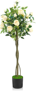 Artificial Rose Tree – Faux Plants Indoor 4FT, with Easy Assembly, Low Maintenance, Ideal for Home, Office, Outdoor Porch, Patio, Garden, Doorway, Living Room, New House Decor (Champagne)