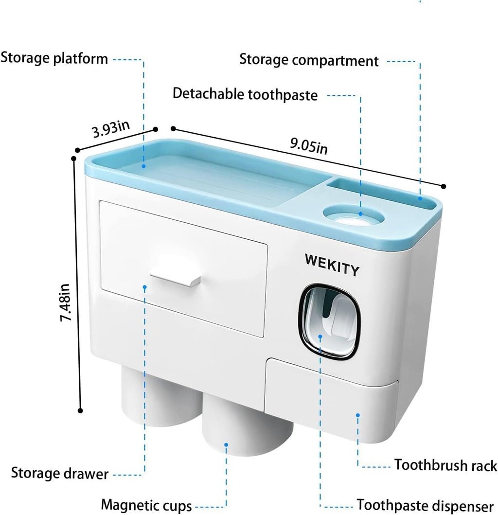 Multifunctional Wall-Mounted Toothbrush Holder, Automatic Toothpaste Dispenser Space Saving Toothbrush and Toothpaste Holder, with 2 Cup and Drawers Cosmetic Organizer (Blue)