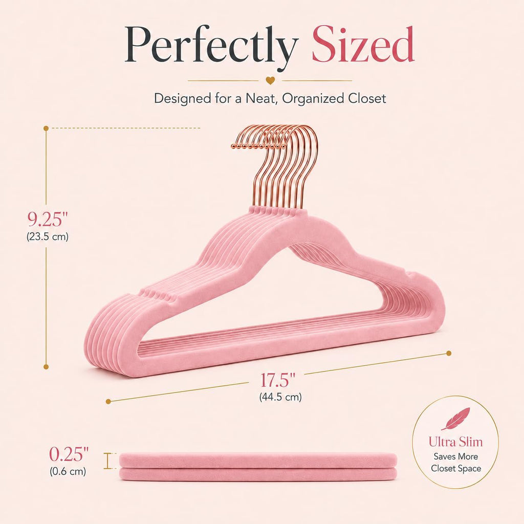 Smartor Pink Velvet Hangers 50 Pack, Non Slip Rose Gold Hook Felt Hangers