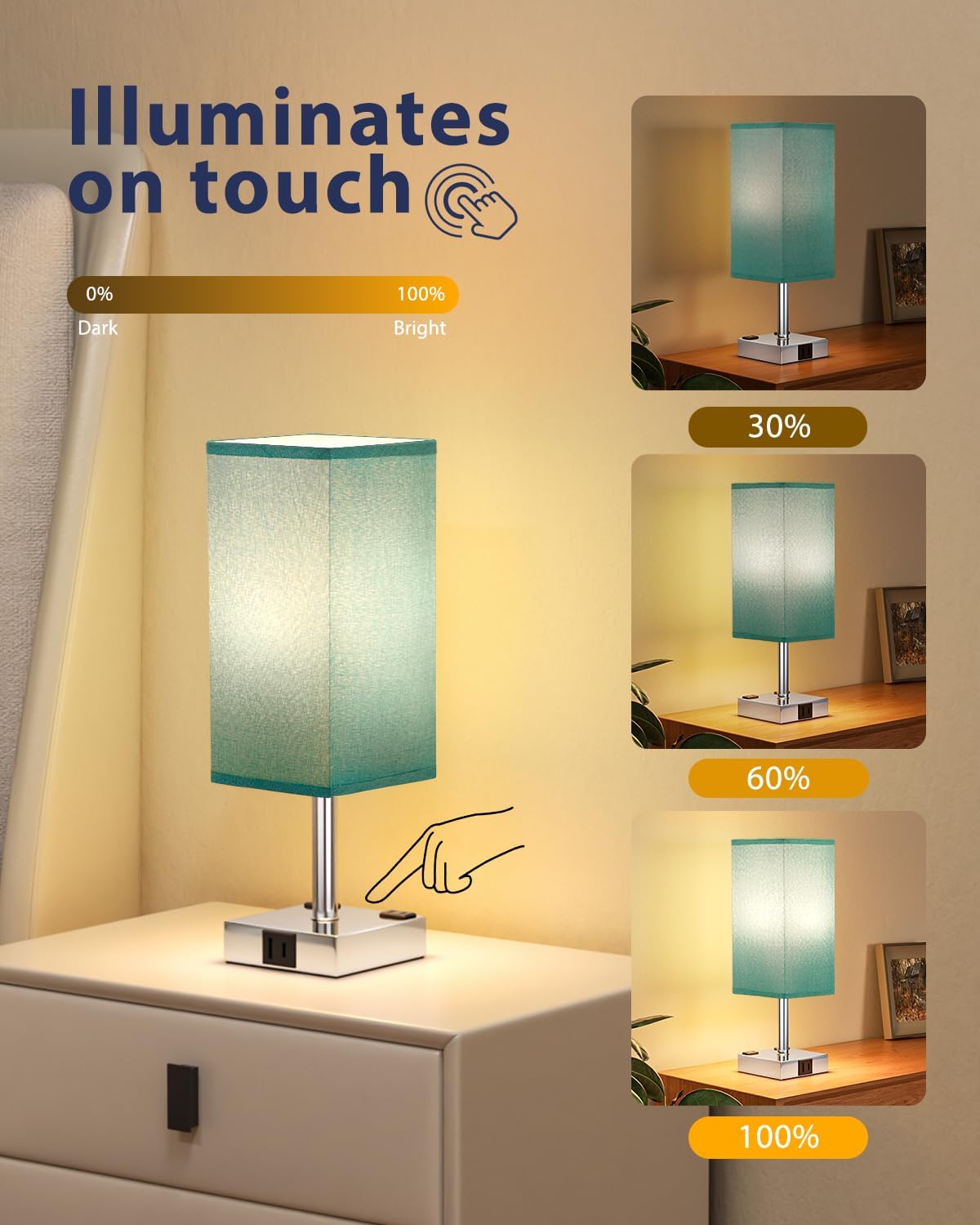 Turquoise Touch Table Lamp for Bedroom - Dimmable, USB C+A, 2 AC Outlets