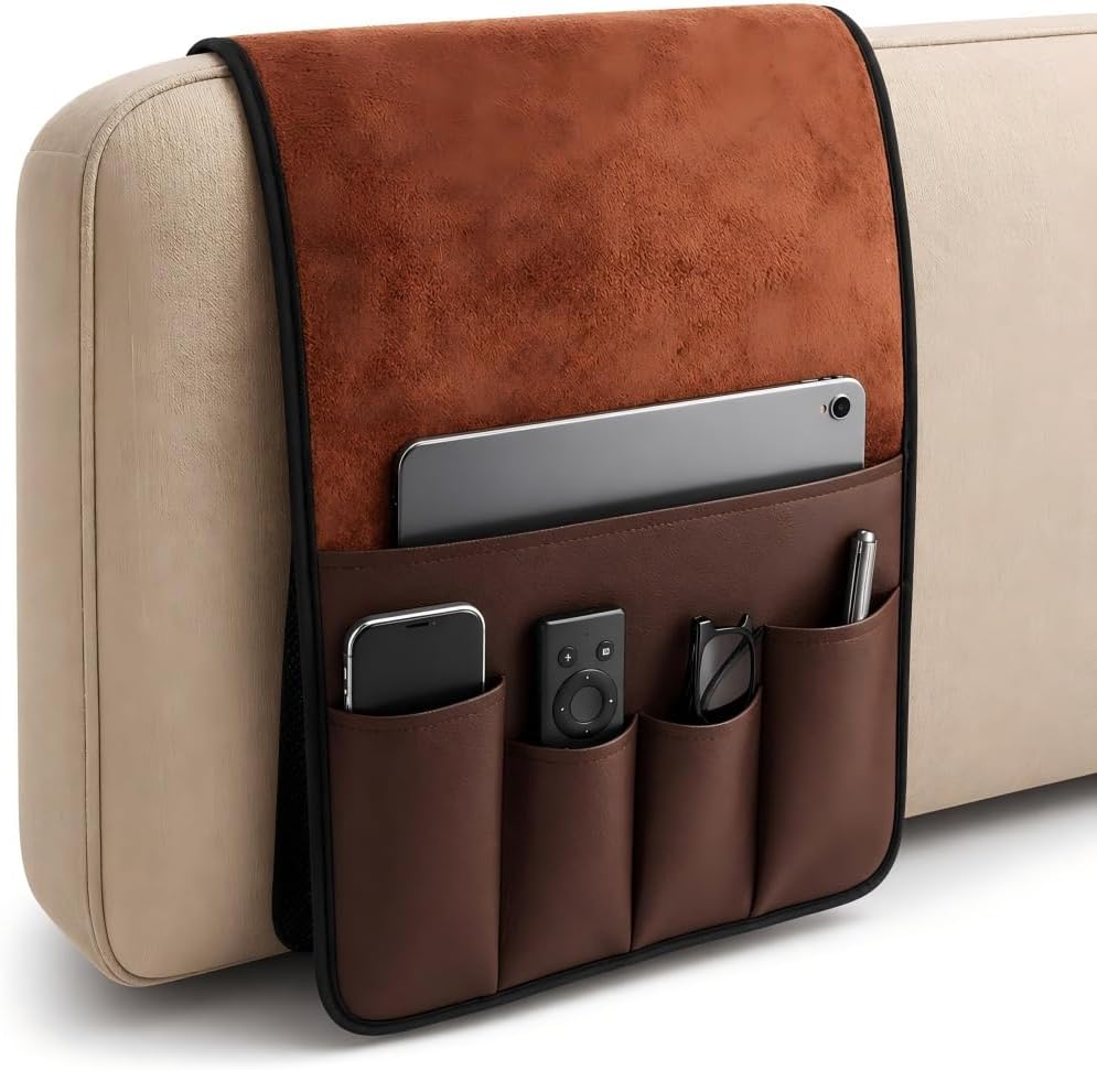 PU Leather Sofa Armrest Organizer with 5 Pockets, 35x13 Inch, Brown