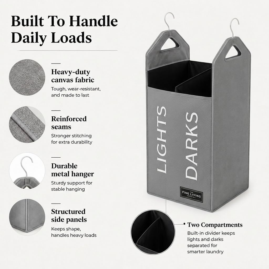 TFLC Hanging Laundry Hamper Bag With Hanger, Dual Compartment, Grey