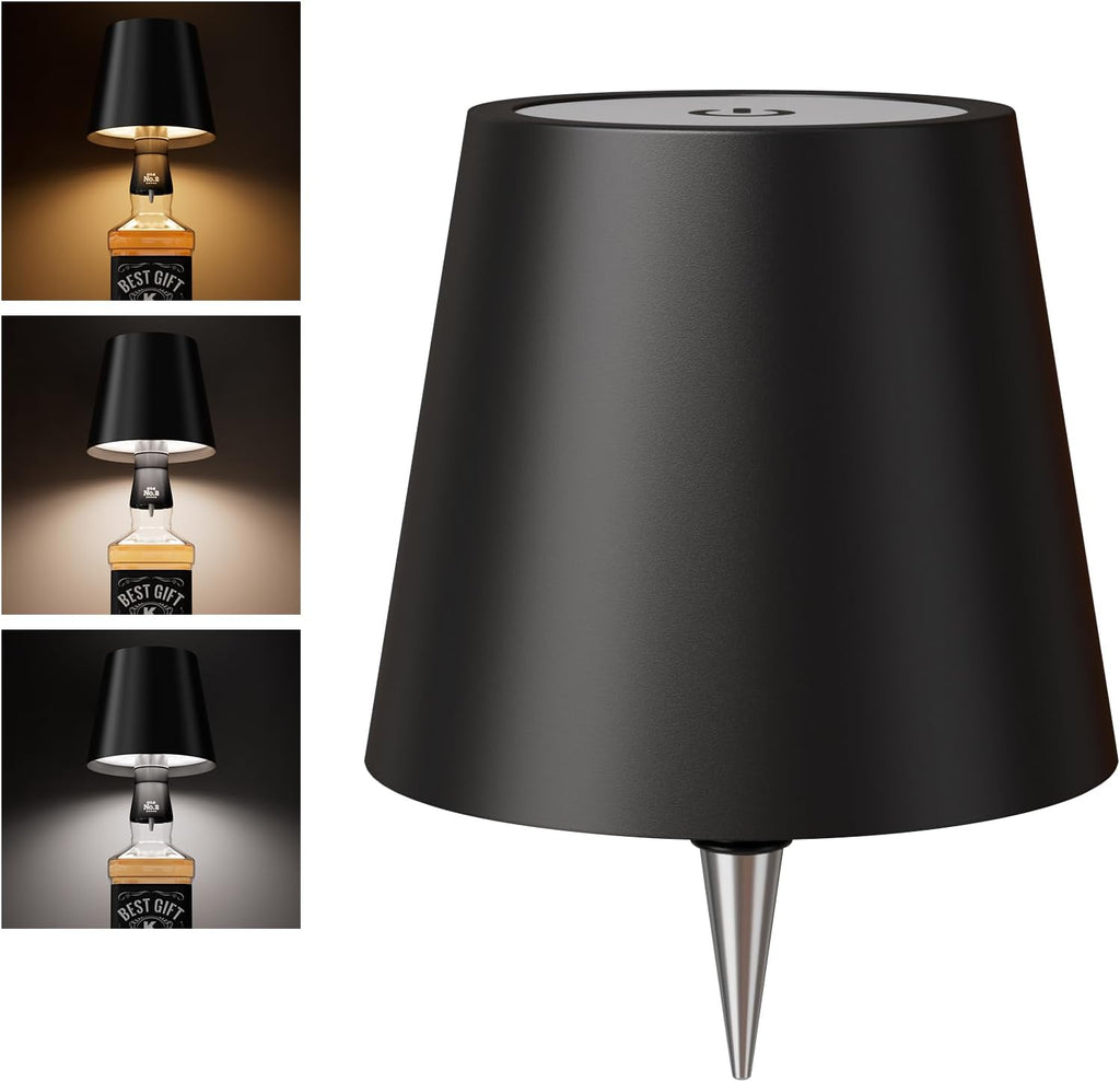 Wine Bottle Lights, Wireless Bottle Lamp Shade with 3 Color Temperature, Rechargeable Stepless Dimming LED Bottle Lights for Liquor Bottles, Desk Lamp for Bedroom Restaurant Bar - Black