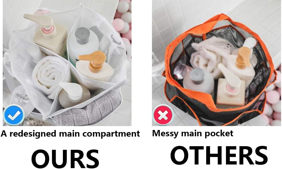 ALYER Mesh Shower Caddy Basket,Large Shower Bag Tote,Hanging Bath Toiletry Organizer with 1 Big Separated Inner Compartment and 6 Deep Outer Pockets (White)