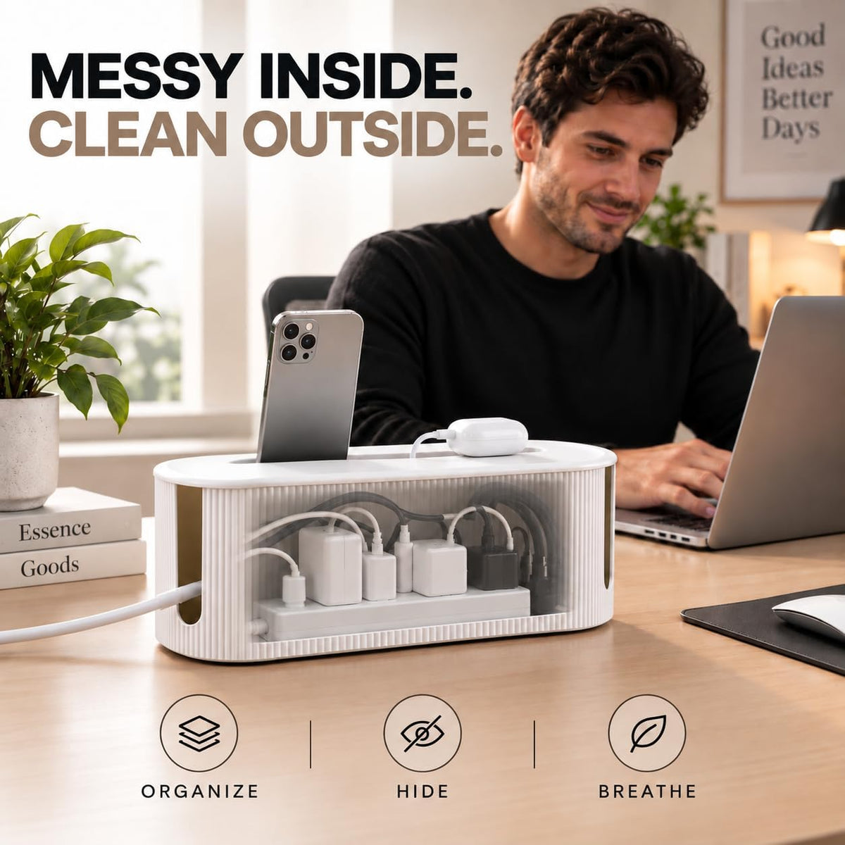 Cable Management Box, Desk Cord Organizer, Power Strip Holder, Floor Outlet Hider, Cable Organizer Box, Cord Organizer box, Electrical Cord Management, For Cover TV Wires, USB Hub Holder