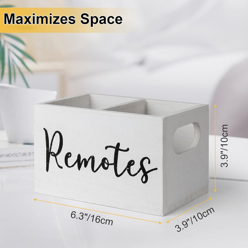 Remote Control Holder, Wooden TV Remote Holder for Table, Remote Caddy Organizer with 2 Compartments, Media Storage Box for Nightstand, Couch (White)