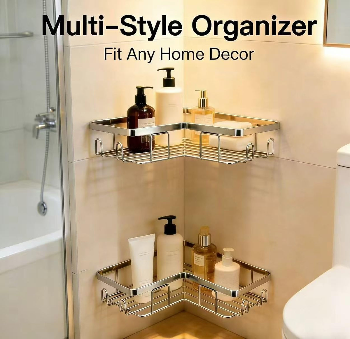 Shower Caddy 2 Pack, Stainless Steel No Drilling Adhesive Bathroom Organizer Shelf Rack, Corner Shower Shelf with Hooks for Home Decor & Storage