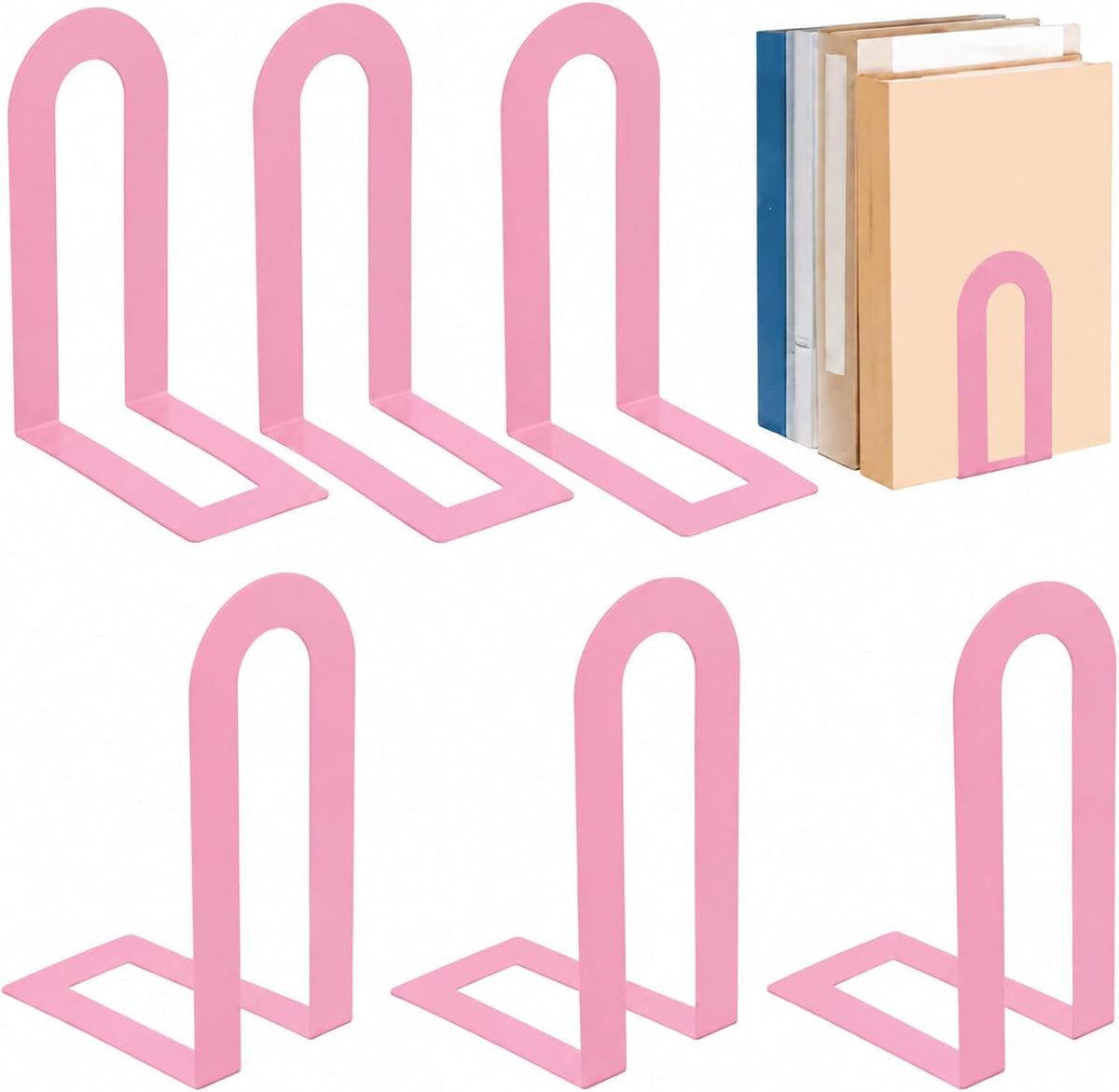 Chunful 6 Pcs Pink Metal BookEnds Shelves, 7.5 x 5.75 x 3.5 in