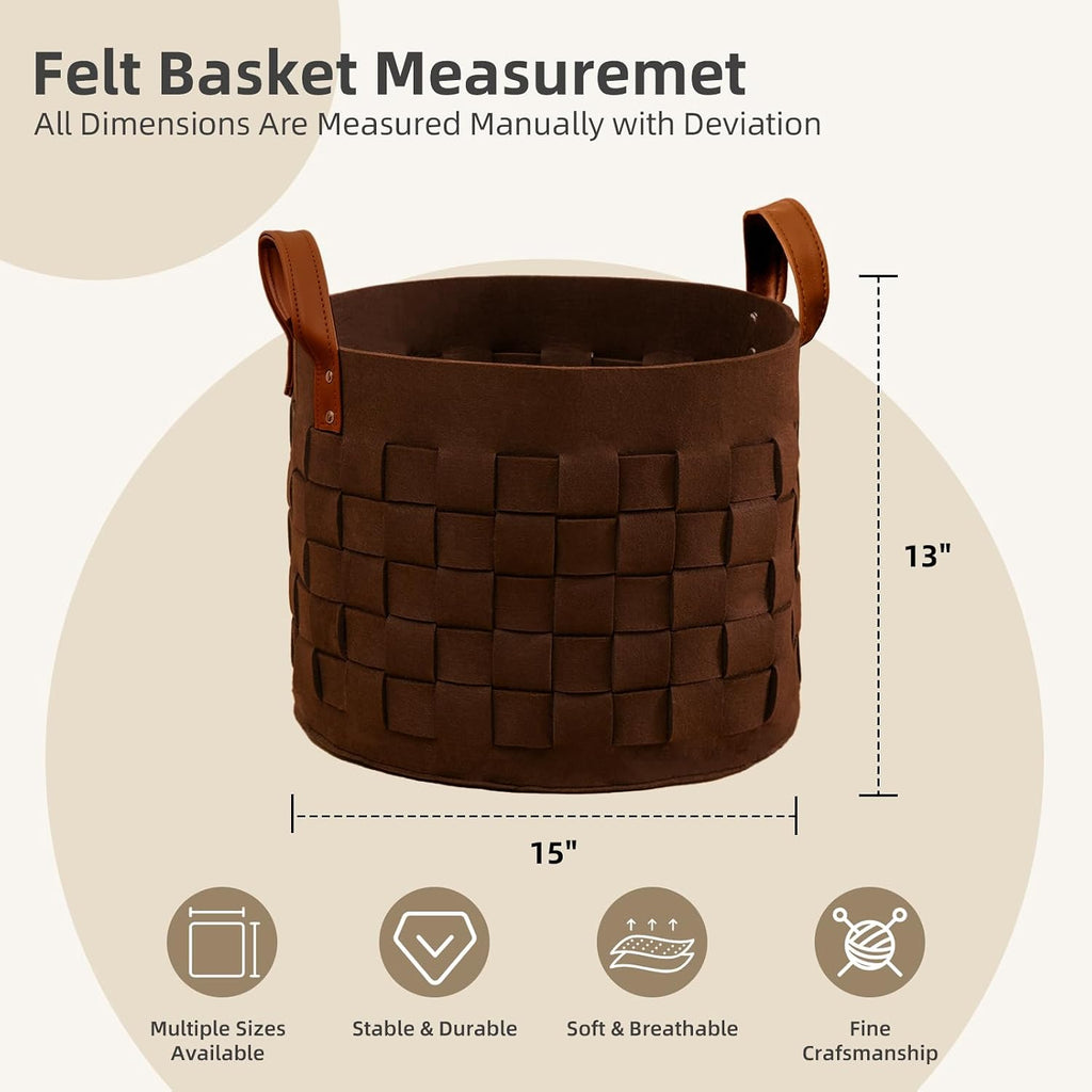 boldmonkey Blanket Basket 15 " x15 x13 2 Pack, Fabric Large Basket with Leather Handle, Dirt Clothes Laundry Basket Round for Babies, Dogs and Living Room-Brown