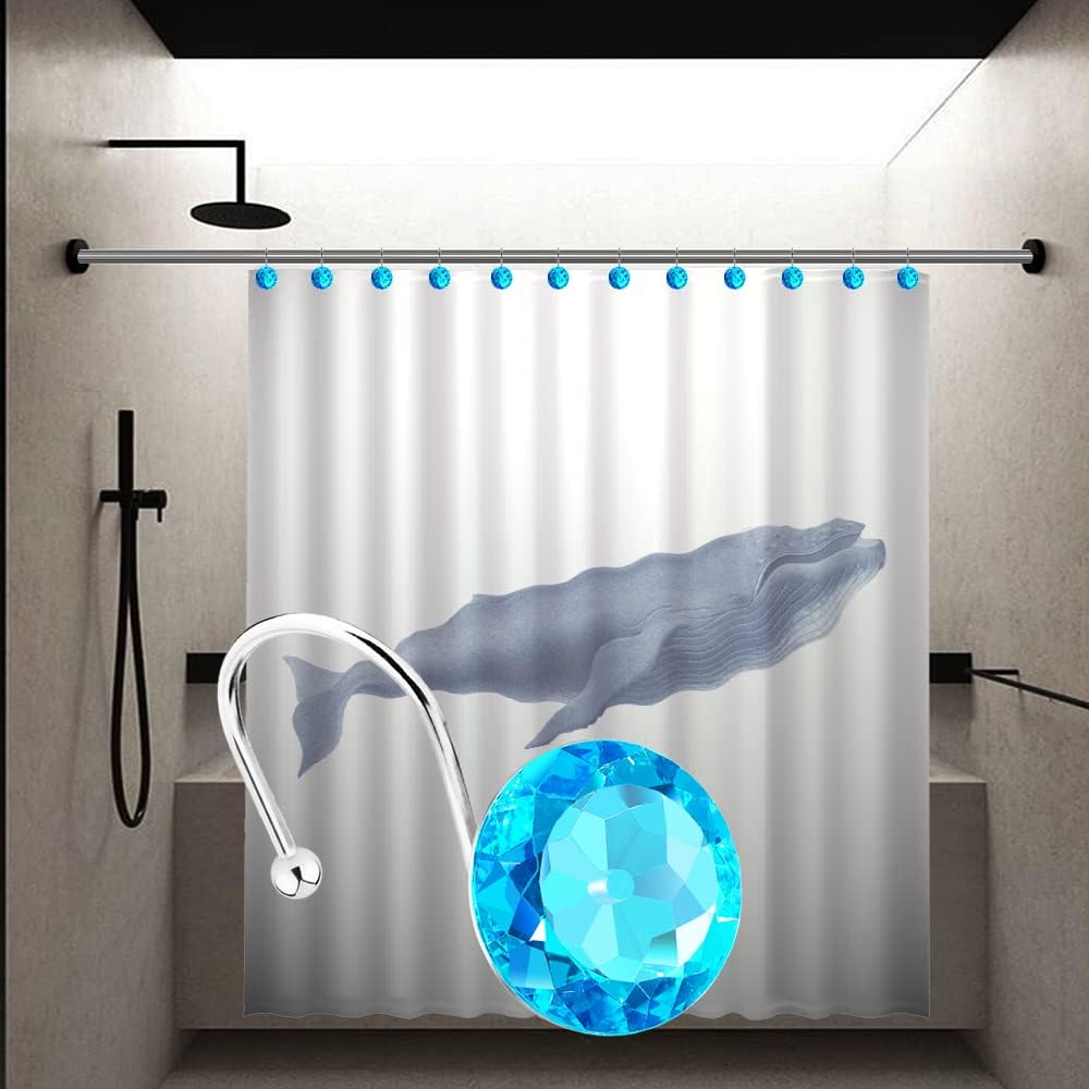 12PCS Stainless Steel Shower Curtain Hooks Rings for Bathroom, RustProof Metal Crystal Rhinestones Bling Shower Curtain Rings Hangers for Shower Curtains Decorative, Round Heavy Duty Hooks (Aqua Blue)