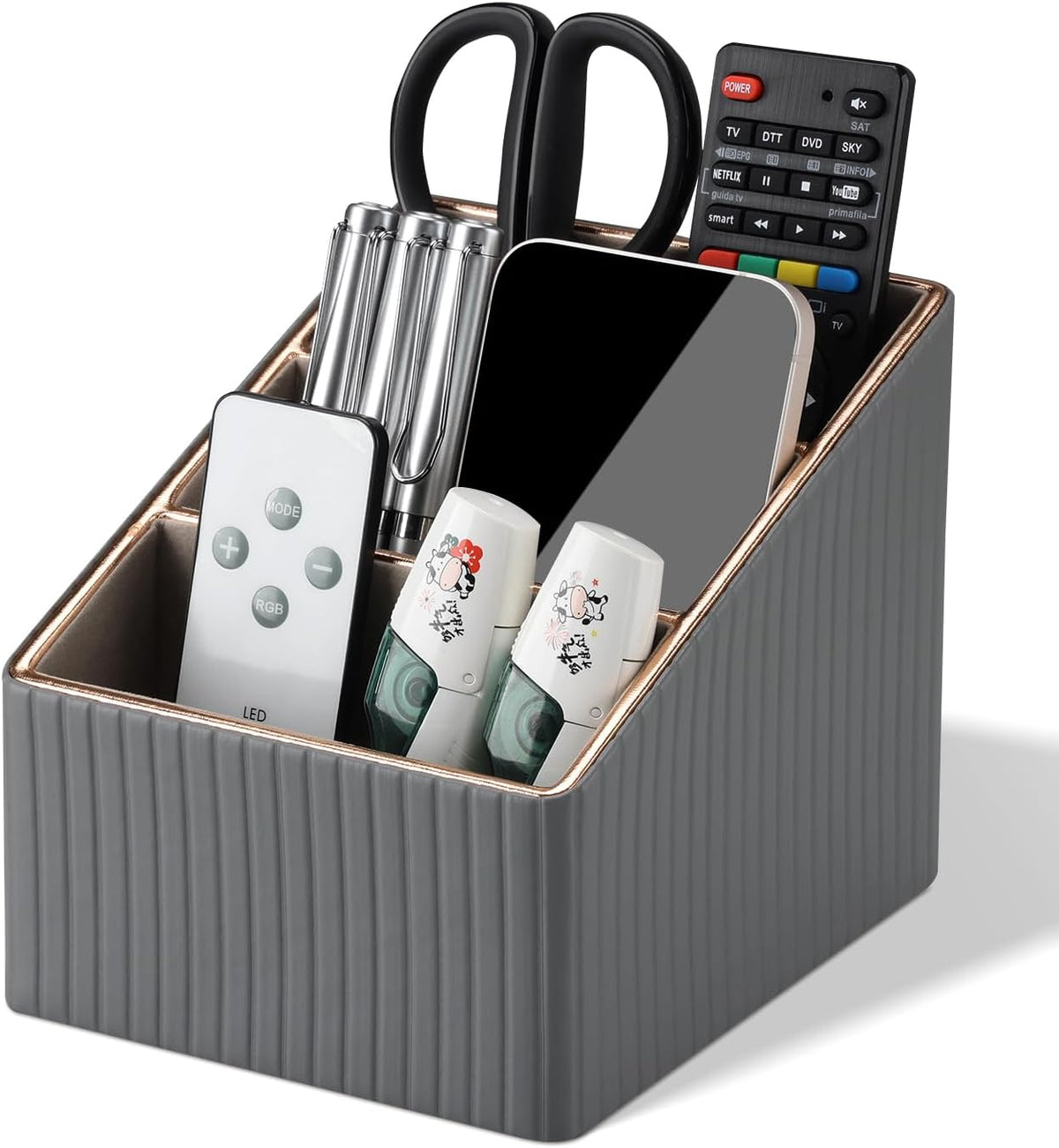 KINGFOM 3 Slot PU Leather Remote Controller Holder, Home Sundries Storage Box, TV Guide/Mail/CD Organizer/Caddy/Holder with Free Cable Desk Organizer (Grey)