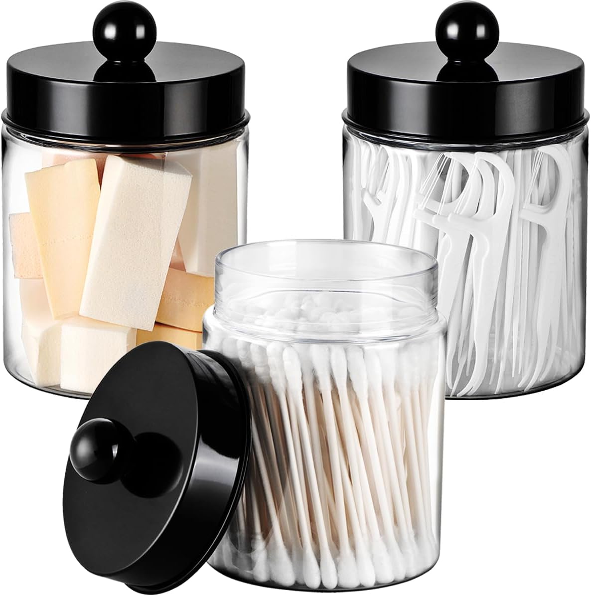 3PC Farmhouse Decor Qtip Holder Apothecary Jars, (Black, Plastic)