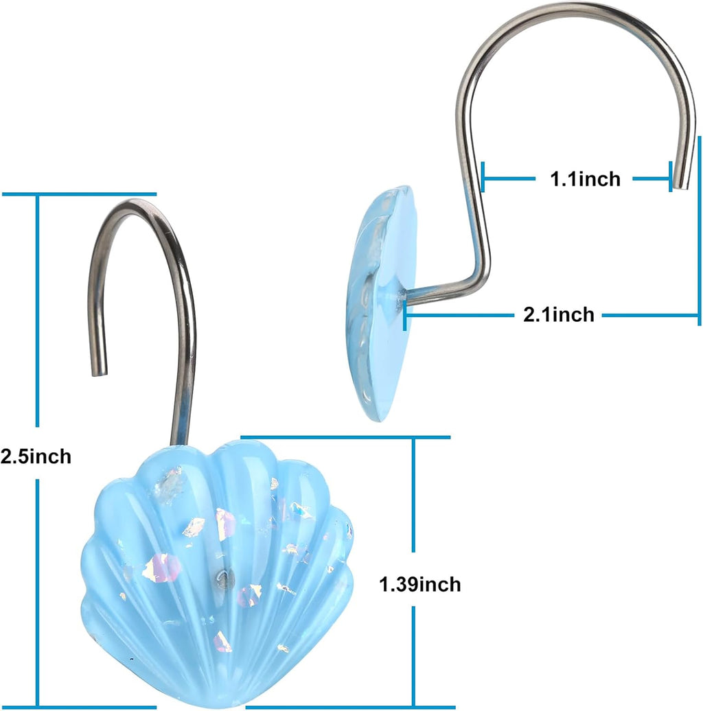 Seashell Shower Curtain Hooks, 12PCS Stainless Steel Anti Rust Starfish and Seashell Decorative Shower Hooks Ocean Theme Shower Curtain Hooks for Home Bathroom (Blue Seashell)