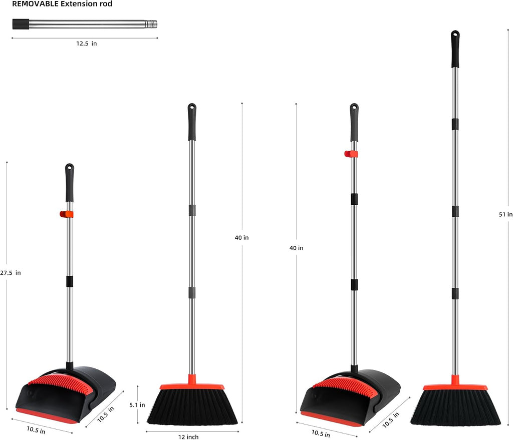 BSKLIN Broom and Dustpan Set for Home, 52" Long Handle Standing Broom Set with Dustpan Self-Cleaning Teeth for Hair Removal Heavy Duty Indoor Outdoor Sweeping Kit for Kitchen Garage (Black)