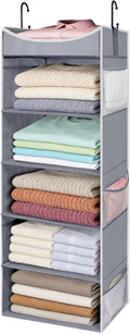 5-Shelf Hanging Closet Organizer and Storage with Side Pockets, Collapsible Closet Hanging Shelves for Storage, Grey