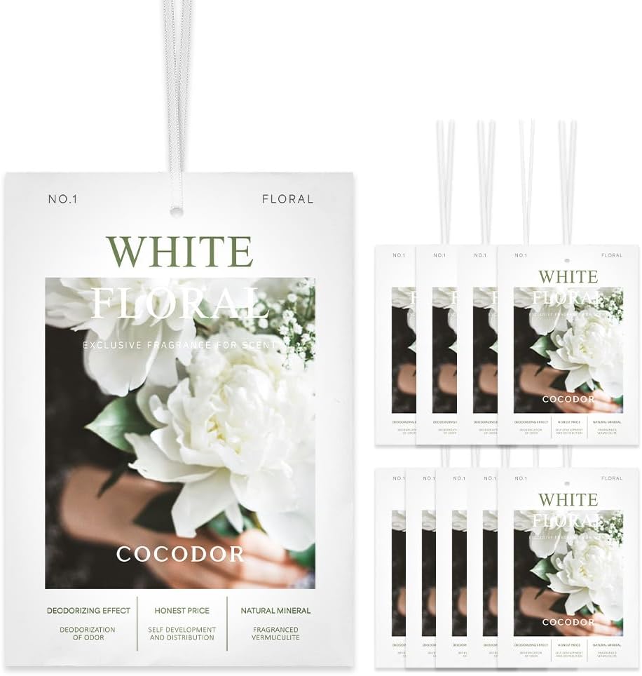 COCODOR 10 Packs White Floral Scented Sachets/Air Freshener Sachets Bags for Drawers, Closet, Cars, Long-Lasting Deodorizers Fresh Scents, Home Fragrance