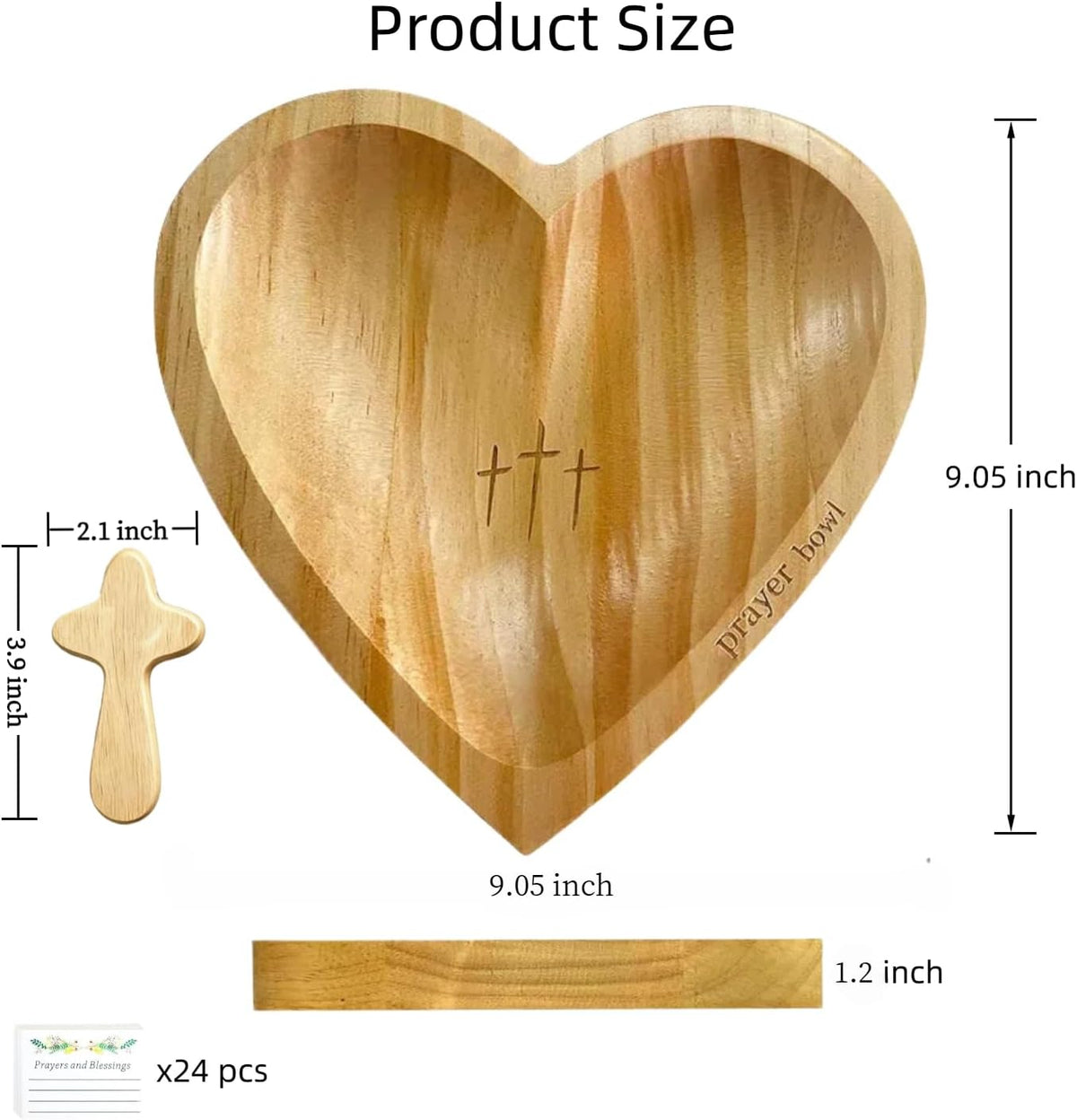Wooden Prayer Bowl with 24 Cards & Pine Cross, Heart Shaped Christian Premium Solid Heart Container Love Bowl for Home Decor Religious Christmas Men Women Gifts (300g)